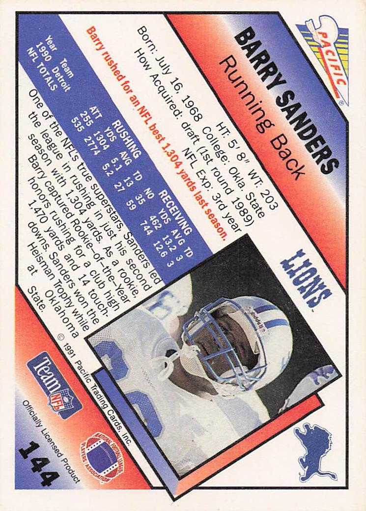1991 Pacific Football Barry Sanders #144
