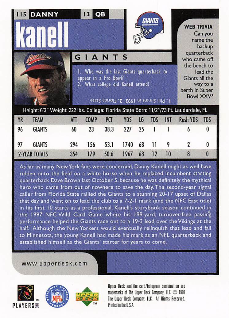 1998 UD Choice Football Danny Kanell #115