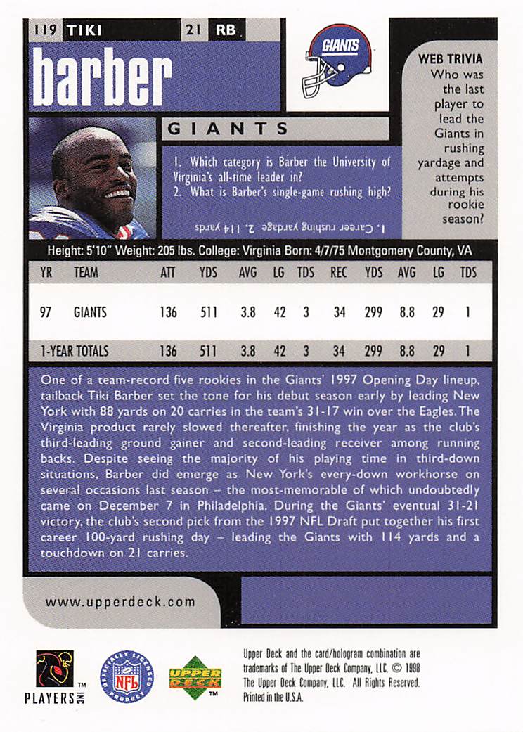 1998 UD Choice Football Tiki Barber #119