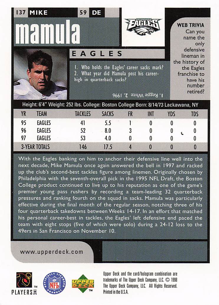 1998 UD Choice Football Mike Mamula #137