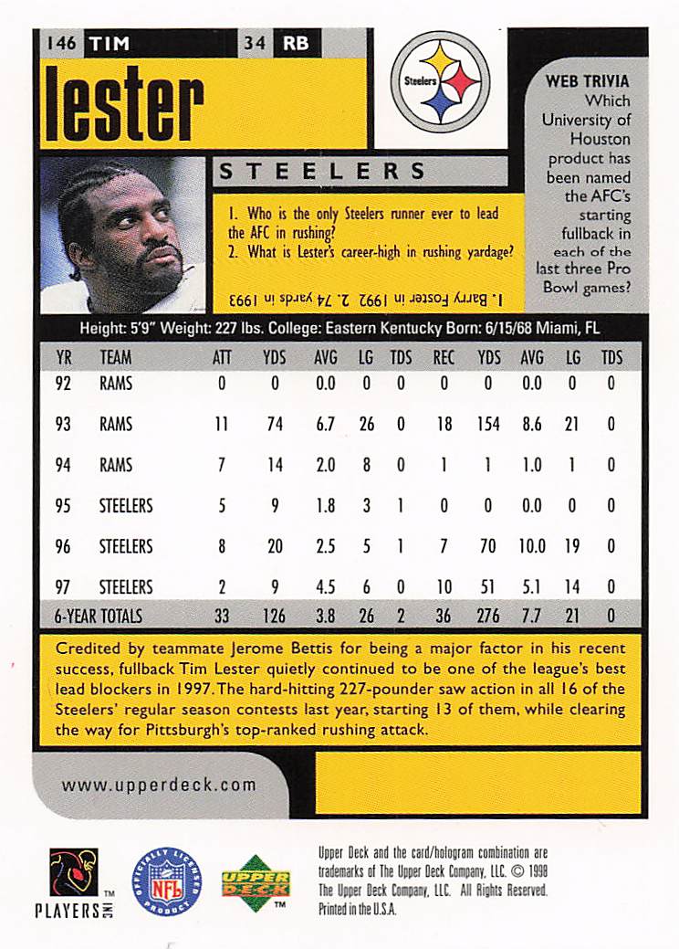 1998 UD Choice Pittsburgh Steelers Football Tim Lester #PS6