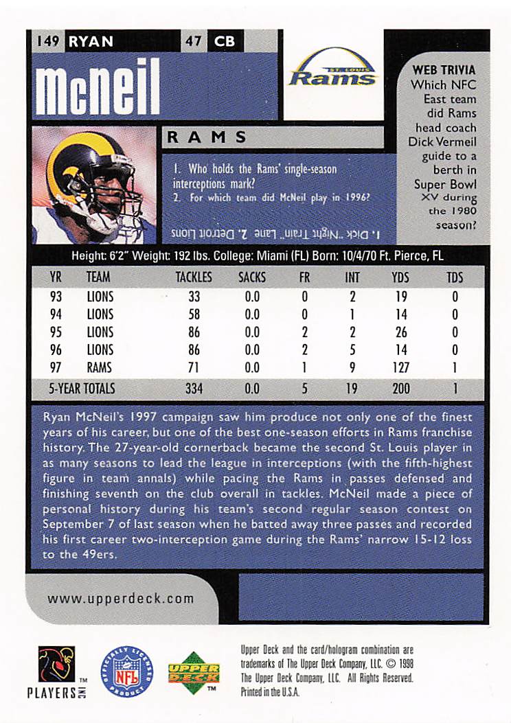 1998 UD Choice Football Ryan McNeil #149