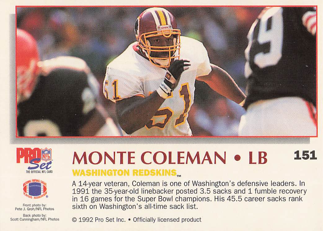 1992 Pro Set Power Football Monte Coleman #151