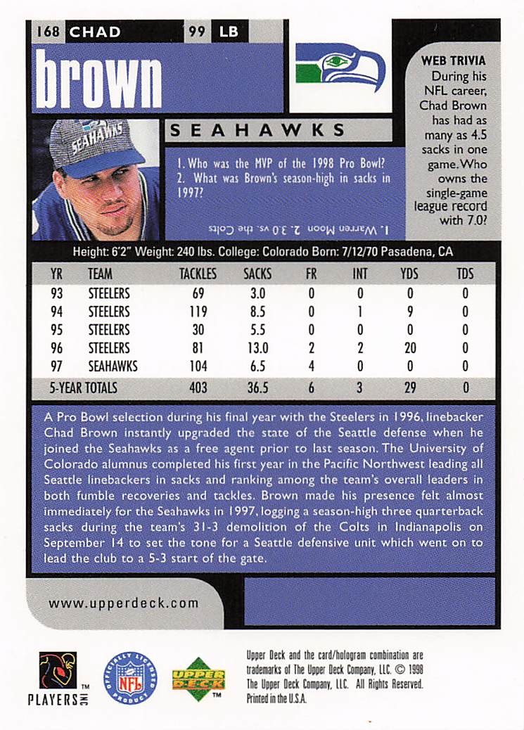 1998 UD Choice Previews Football Chad Brown #168