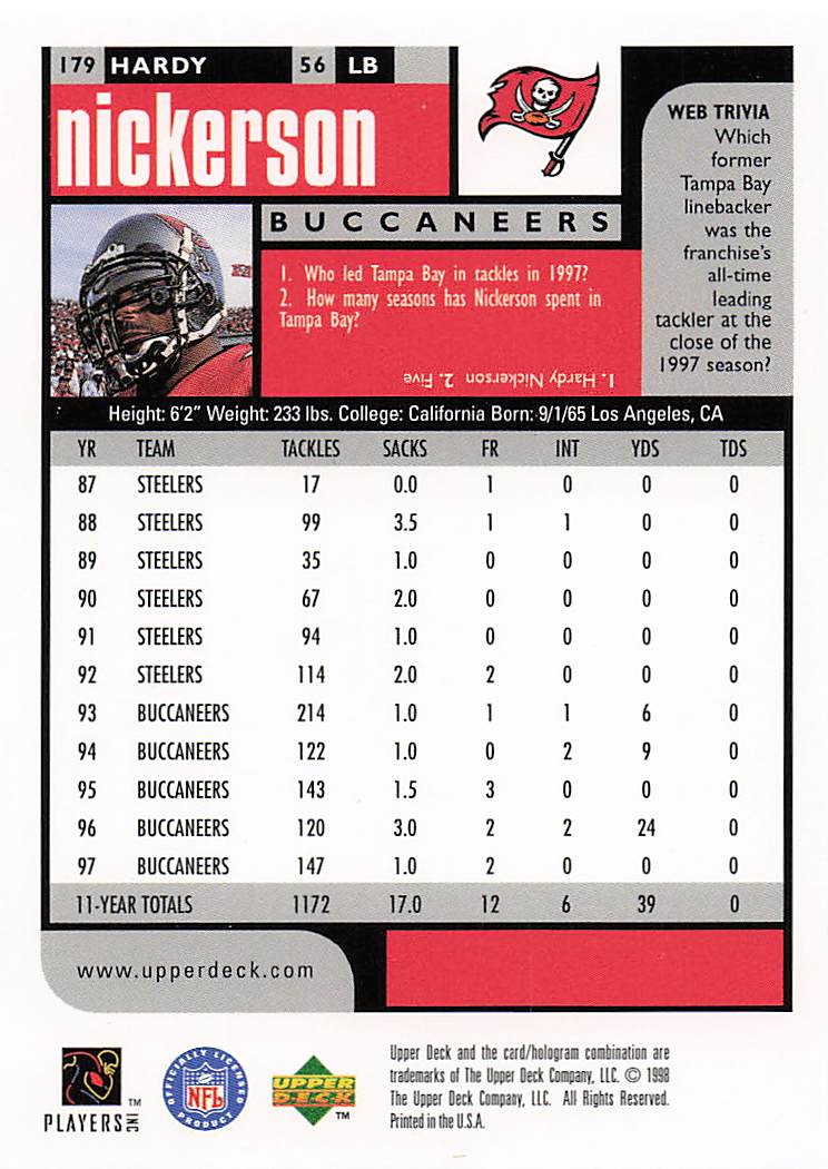 1998 UD Choice Football Hardy Nickerson #179