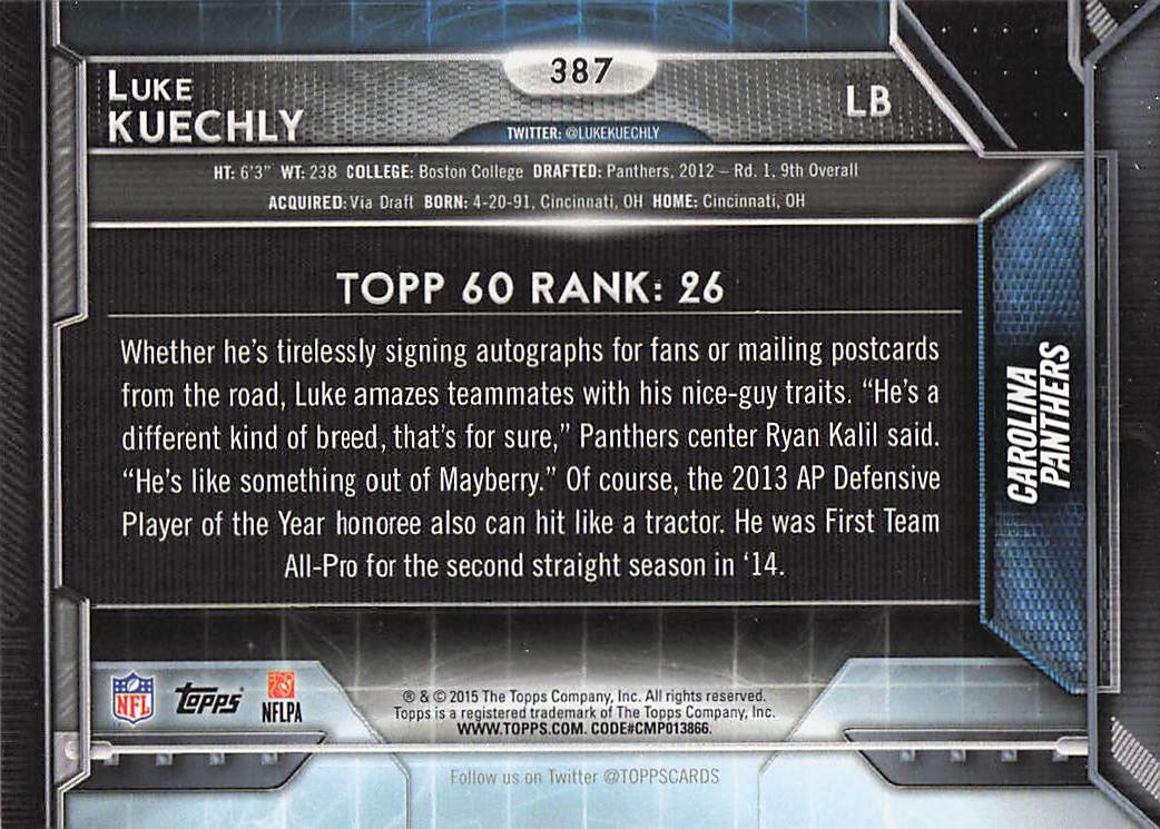 2015 Topps Football Luke Kuechly #387