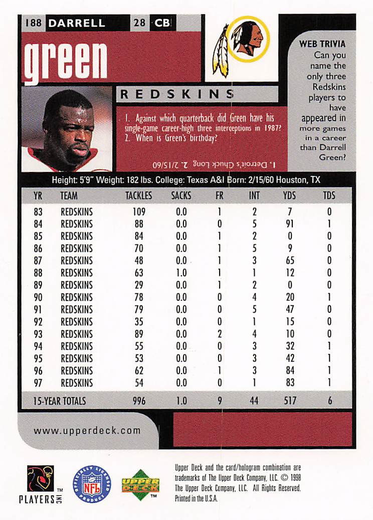 1998 UD Choice Football Darrell Green #188