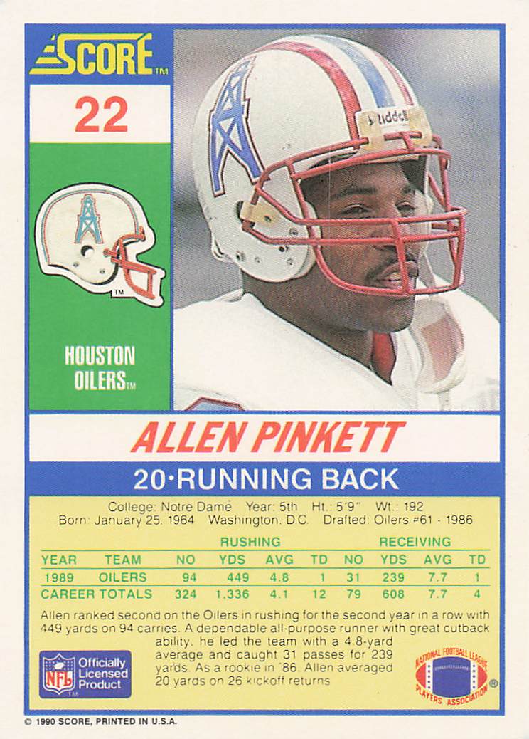 1990 Score Football Allen Pinkett #22