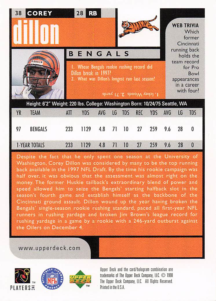 1998 UD Choice Football Corey Dillon #38