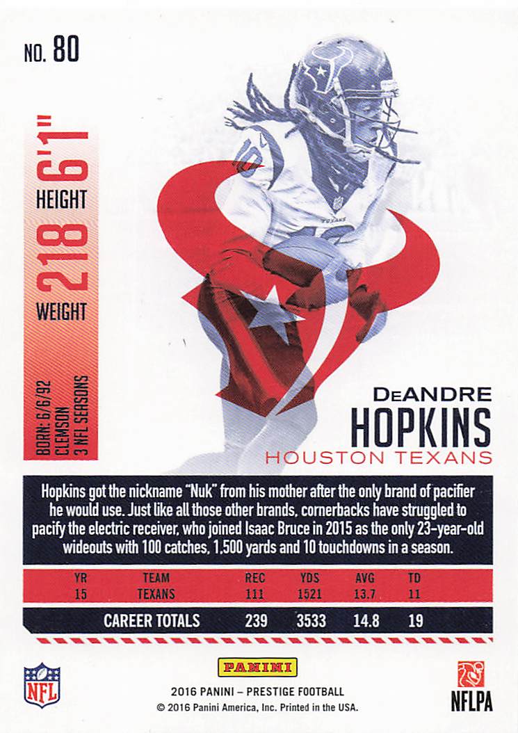 2016 Panini Prestige Football DeAndre Hopkins #80