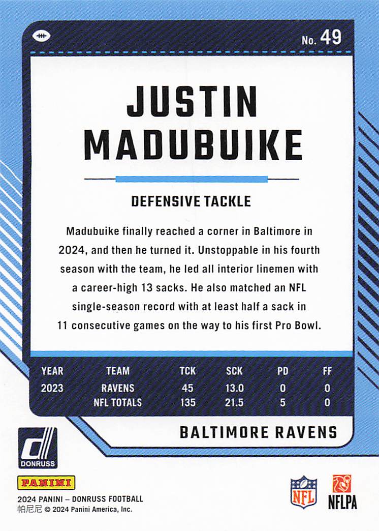 2024 Donruss Football Justin Madubuike #49