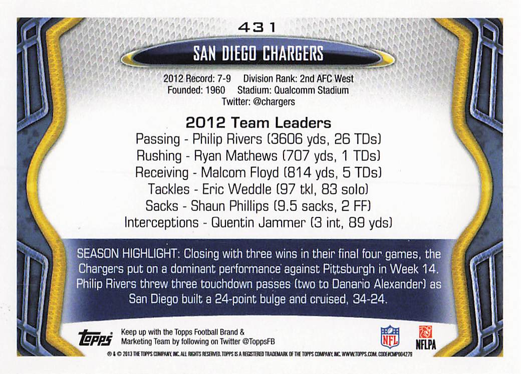 2013 Topps Football San Diego Chargers #431