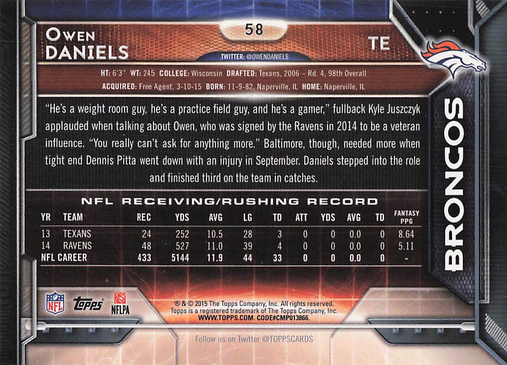 2015 Topps Football Owen Daniels #58