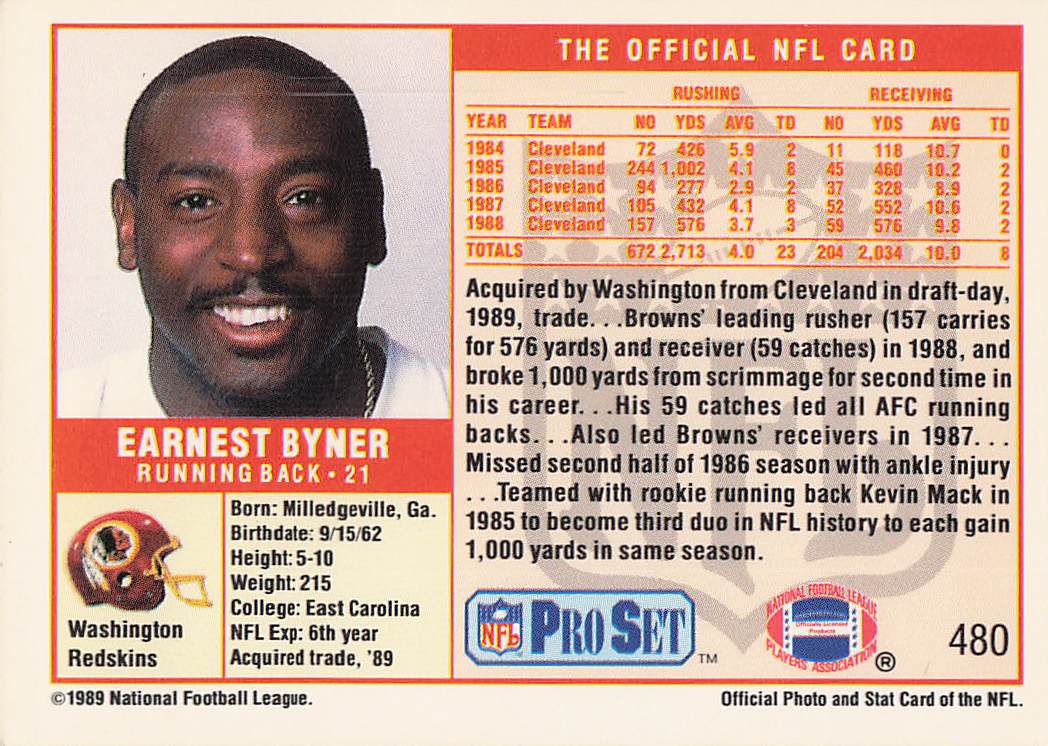 1989 Pro Set Football Earnest Byner #480d