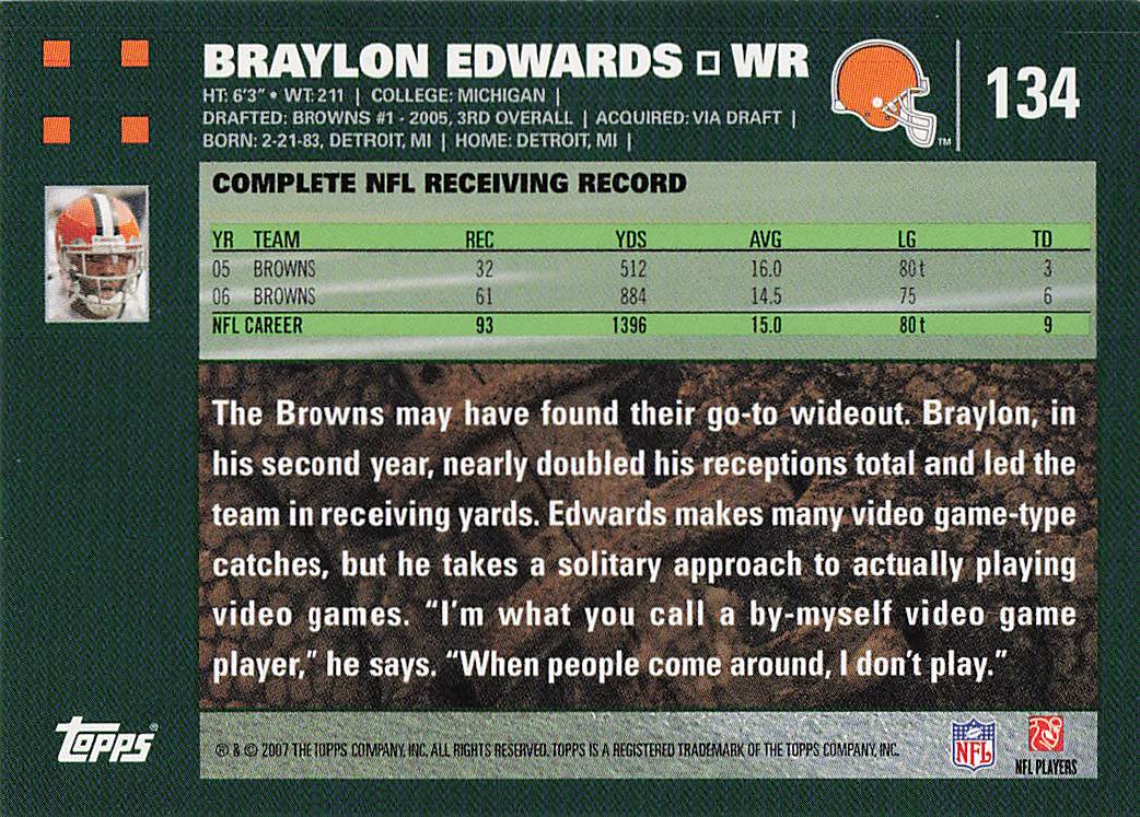 2007 Topps Football Braylon Edwards #134