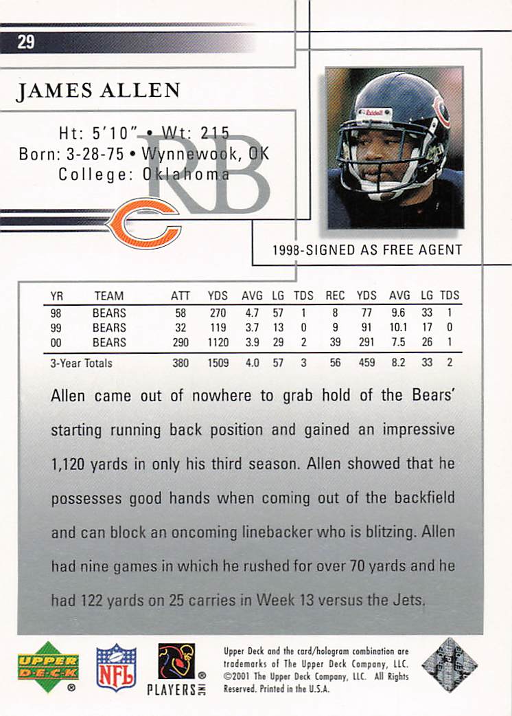 2001 Upper Deck Football James Allen #29