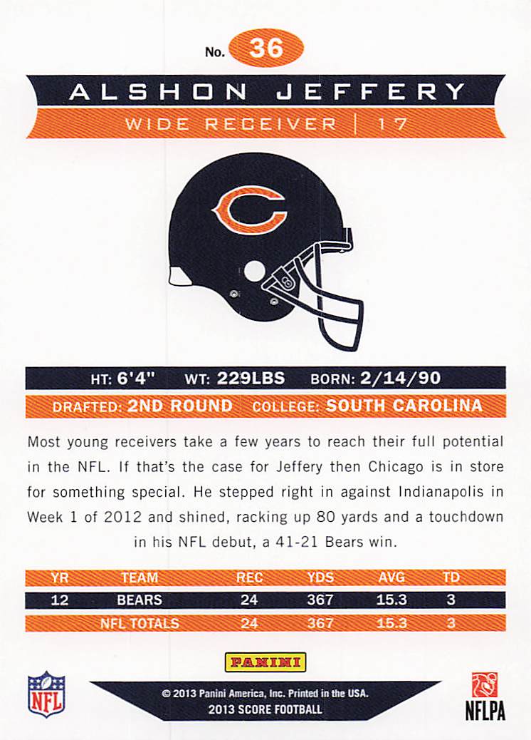 2013 Score Football Alshon Jeffery #36