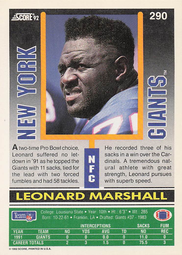 1992 Score Football Leonard Marshall #290