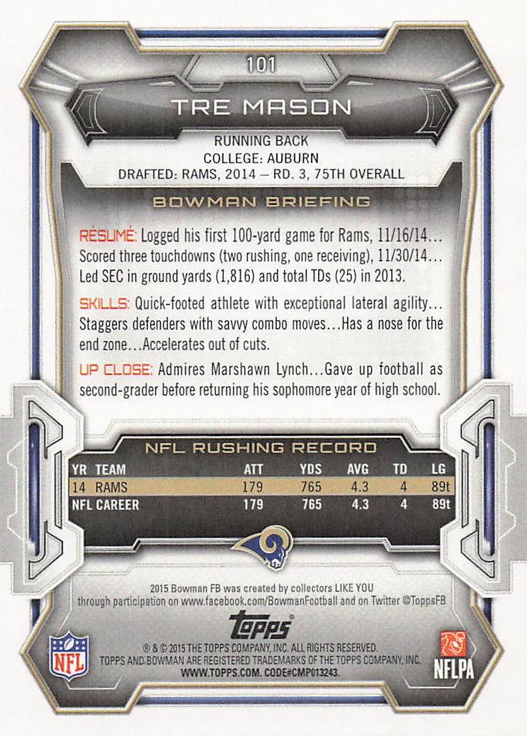 2015 Bowman Football Tre Mason #101
