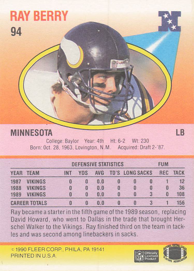 1990 Fleer Football Ray Berry #94