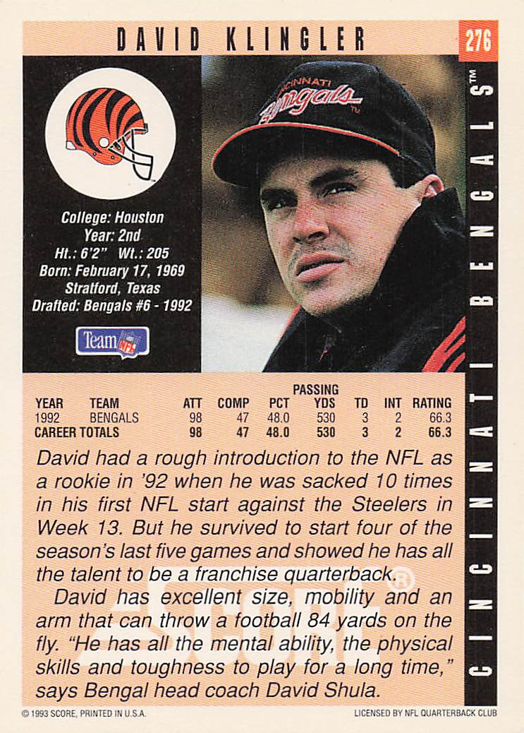 1993 Score Football David Klingler #276