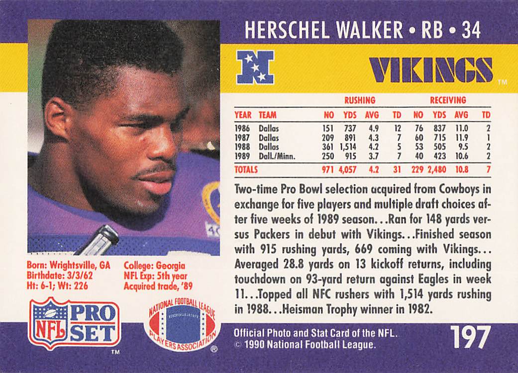 1990 Pro Set Football Herschel Walker #197