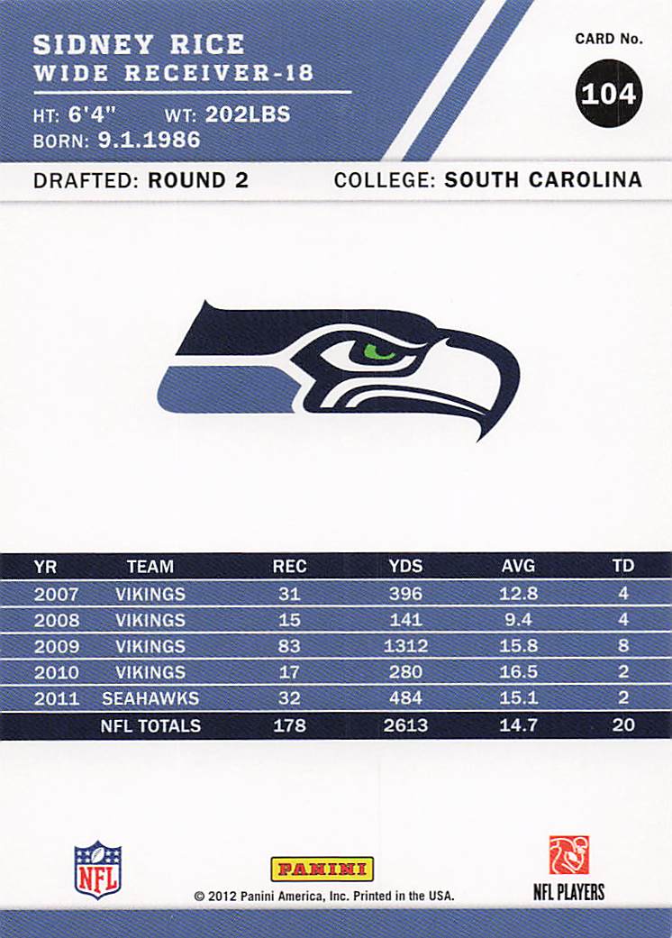 2012 Score Football Sidney Rice #104