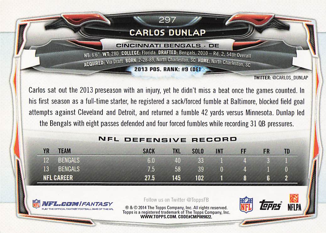 2014 Topps Football Carlos Dunlap #297