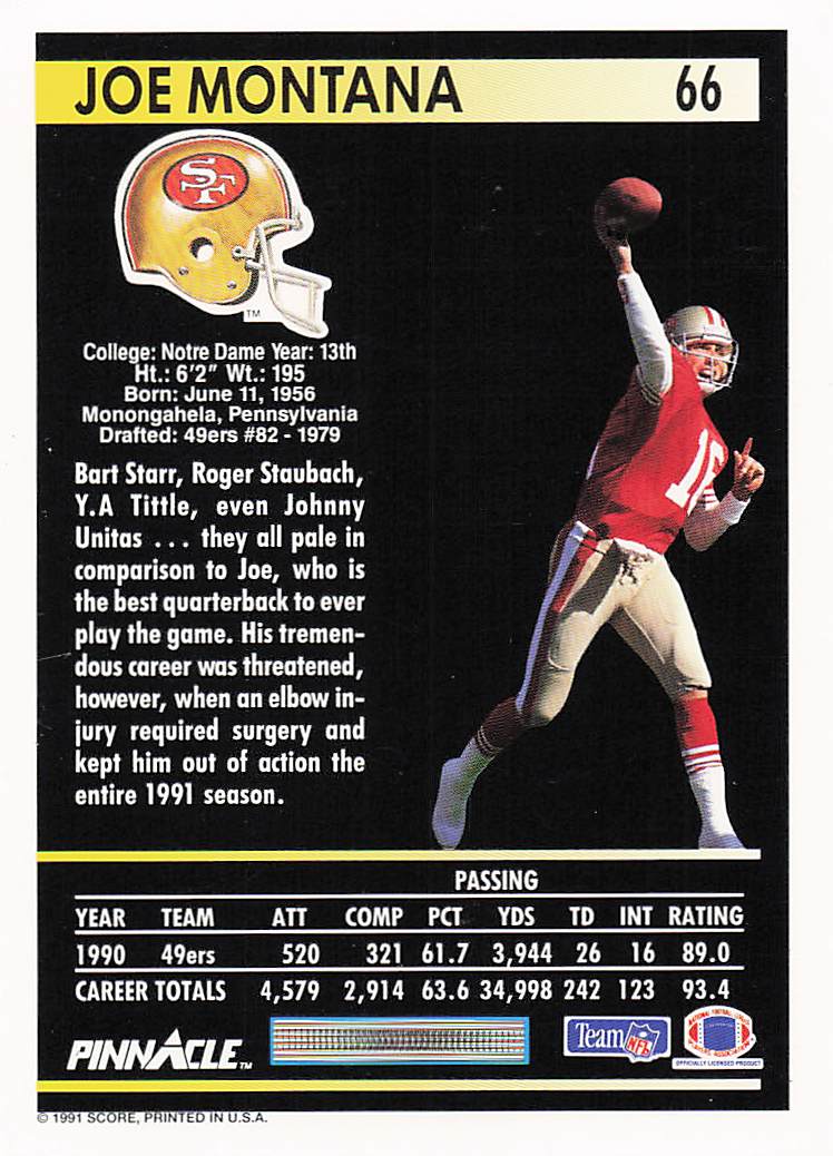 1991 Pinnacle Football Joe Montana #66