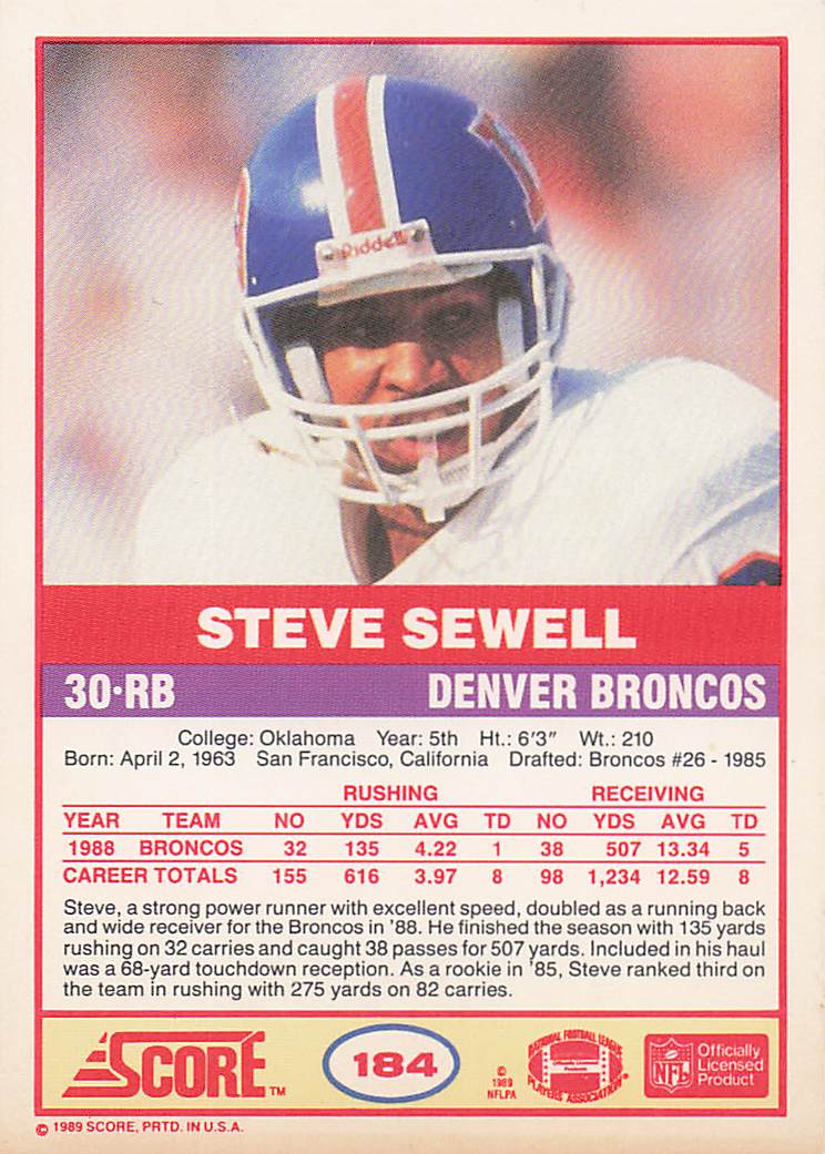 1989 Score Football Steve Sewell #184 Rookie