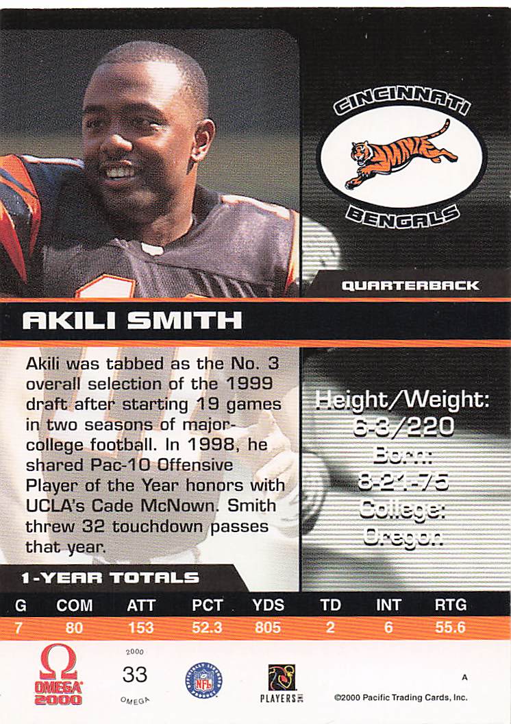 2000 Pacific Omega Football Akili Smith #33