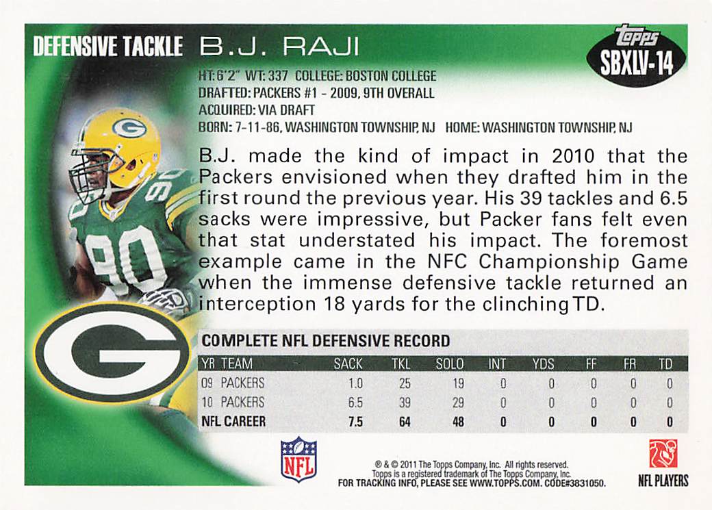 2011 Topps Green Bay Packers Super Bowl XLV Football B.J. Raji #SBXLV-14