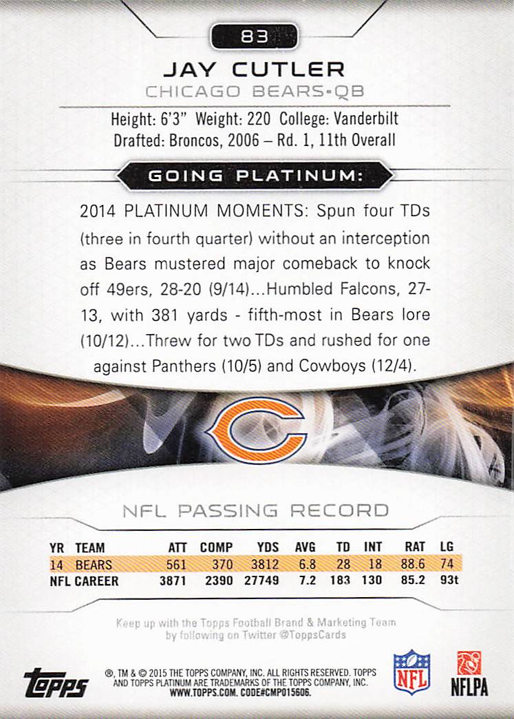 2015 Topps Platinum Football Jay Cutler #83
