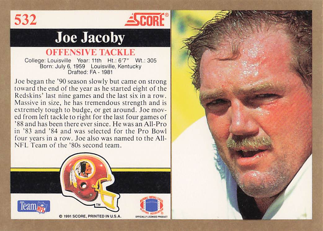 1991 Score Football Joe Jacoby #532