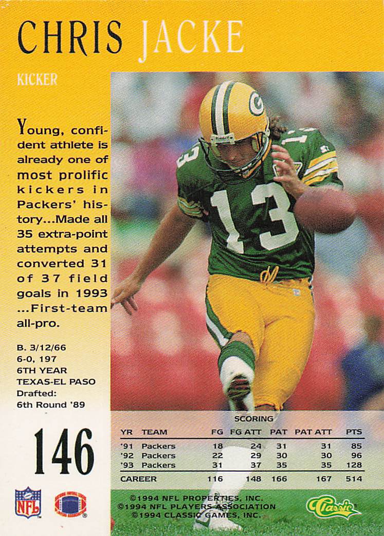 1994 Pro Line Live Football Chris Jacke #146