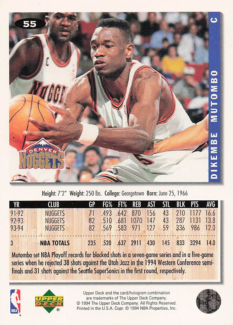 1994-95 Collector's Choice Basketball Dikembe Mutombo #55
