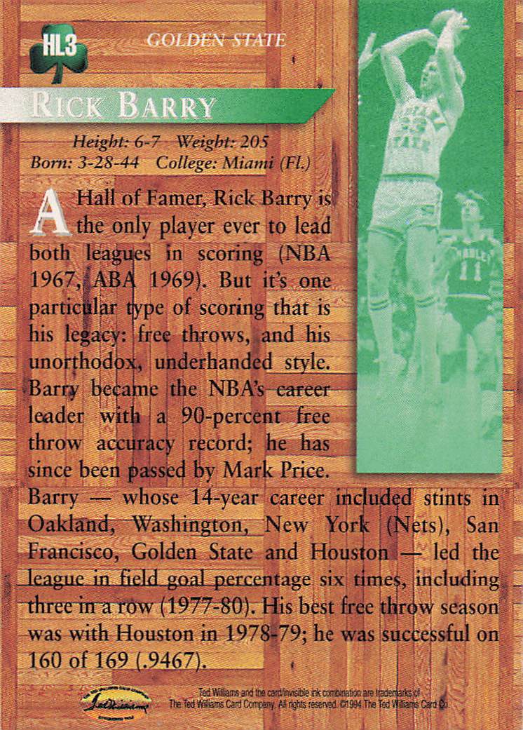 1994 Ted Williams Larry's Hardwood Legends Texture Variation Rick Barry #HL3