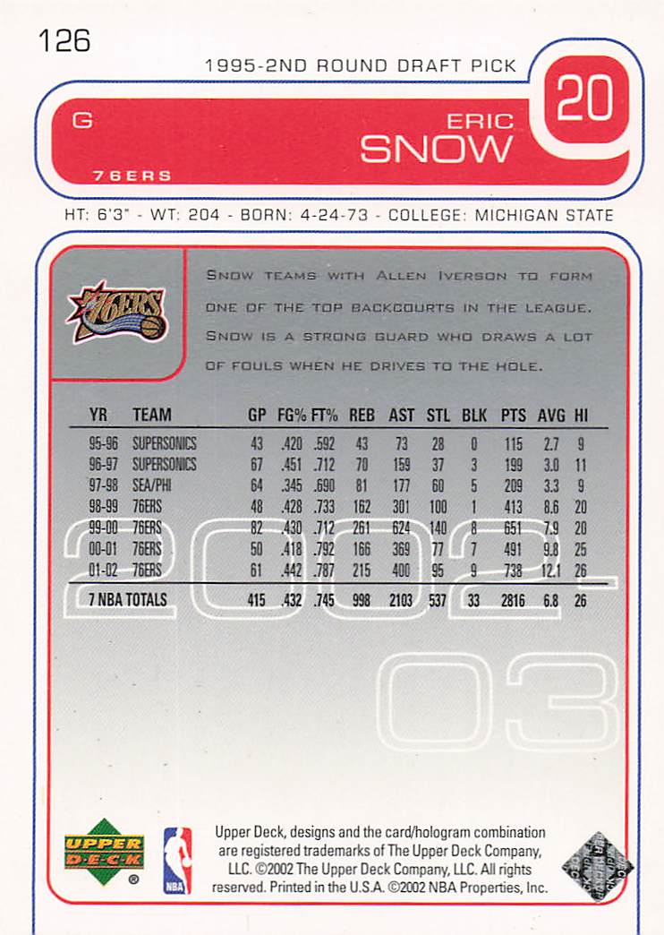 2002-03 Upper Deck Basketball Eric Snow #126