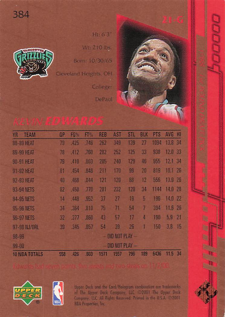 2000-01 Upper Deck Basketball Kevin Edwards #384