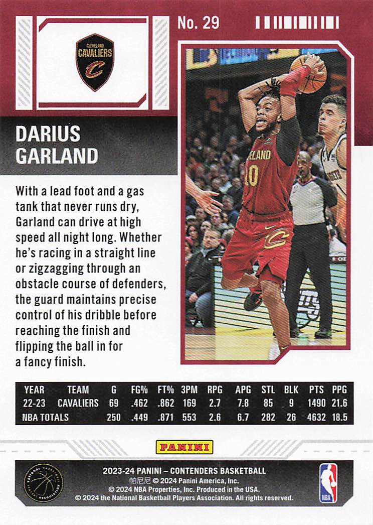 2023-24 Panini Contenders Basketball Season Ticket Retail Darius Garland #29
