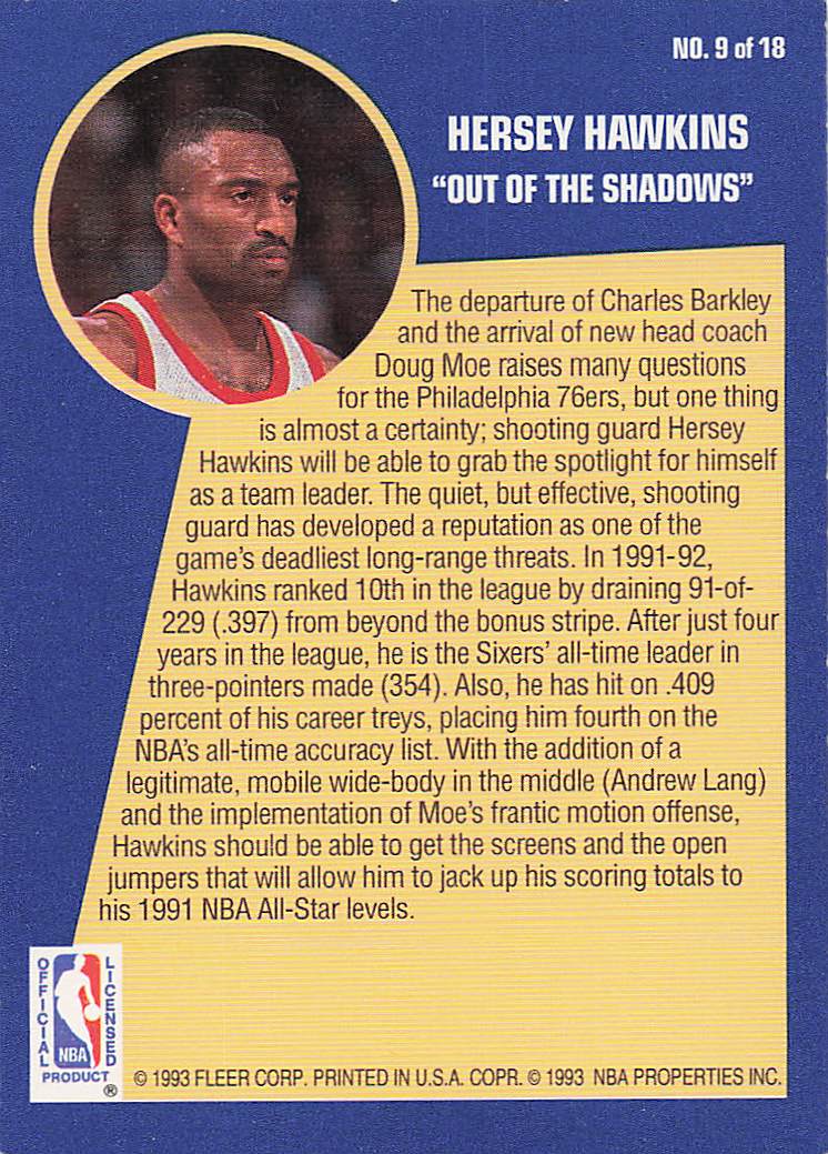 1992-93 Fleer Basketball Sharpshooters Hersey Hawkins #9