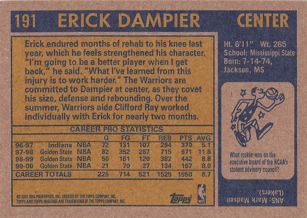 2000-01 Topps Heritage Basketball Erick Dampier #191