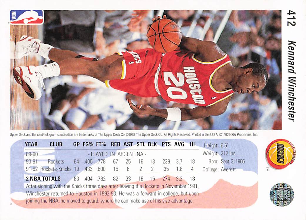 1992-93 Upper Deck Basketball Kennard Winchester #412