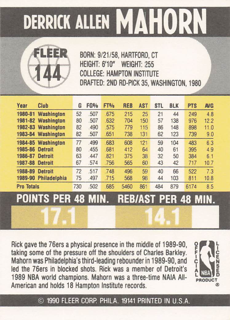 1990-91 Fleer Basketball Rick Mahorn #144