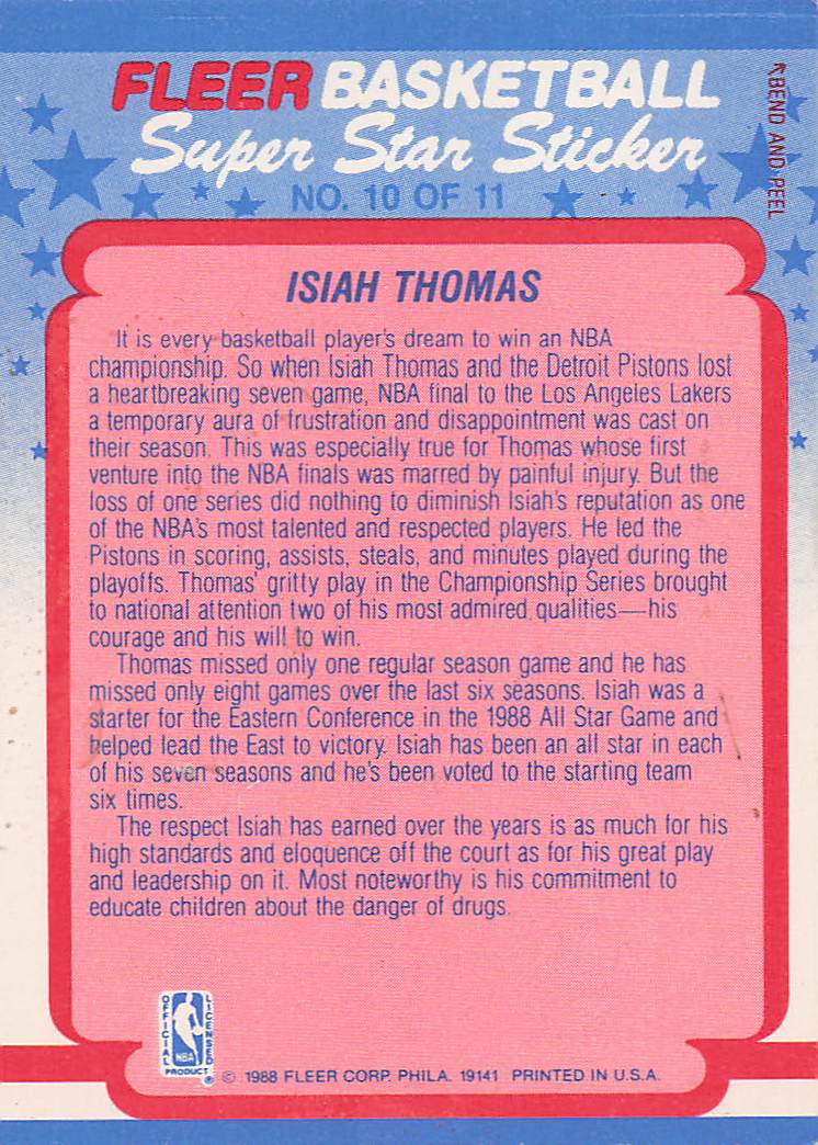 1988-89 Fleer Basketball Stickers Isiah Thomas #10