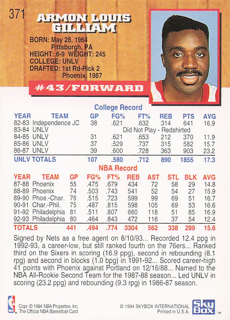 1993-94 Hoops Basketball Armon Gilliam #371