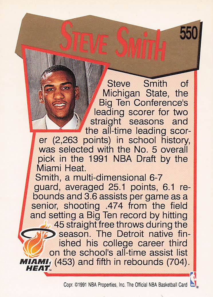 1991-92 Hoops Basketball Steve Smith #550 Rookie