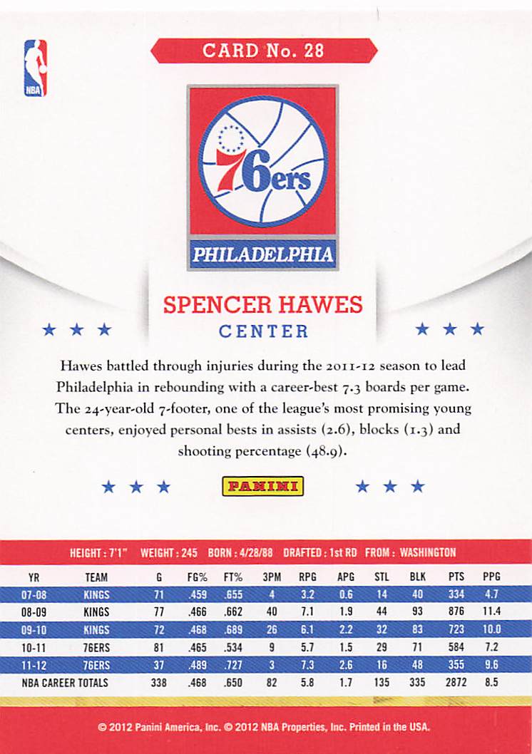 2012-13 Hoops Basketball Spencer Hawes #28