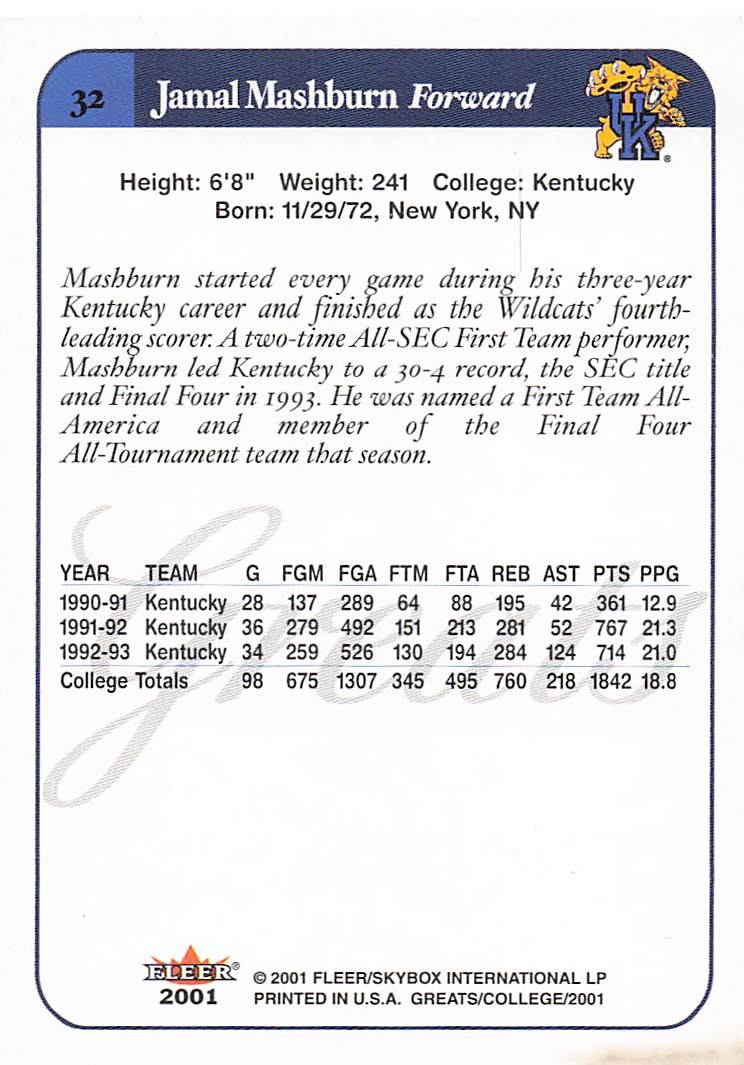 2001 Fleer Greats of the Game Basketball Jamal Mashburn #32