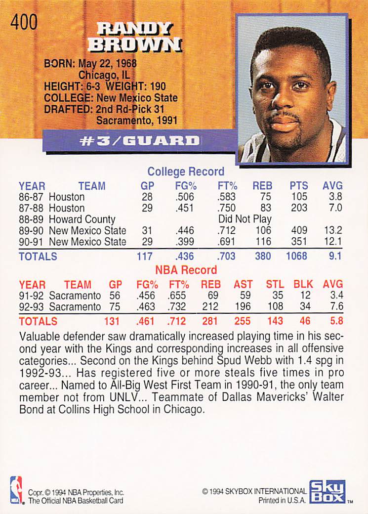 1993-94 Hoops Basketball Randy Brown #400